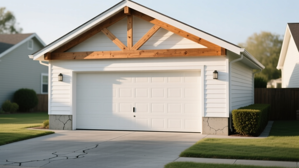 Framed one-car garage with exposed wooden trusses, concrete slab foundation, and stacked vinyl siding on a suburban driveway