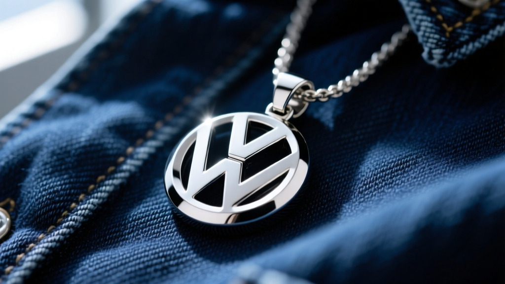 Close-up of a polished 316L stainless steel VW necklace pendant featuring the classic logo, resting on dark denim shirt fabric.