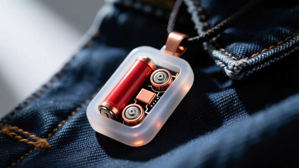Macro shot of a silicone LED pendant showing internal battery and copper contacts, resting on dark denim jacket fabric