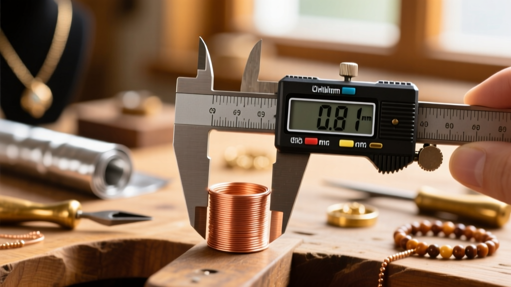 Close-up of digital calipers measuring 0.81mm thick copper wire against a softly blurred, warm-toned jewelry crafting workspace.