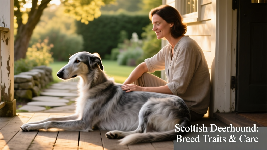 A happy Scottish deerhound resting beside its owner on a sunlit porch, illustrating calm companionship