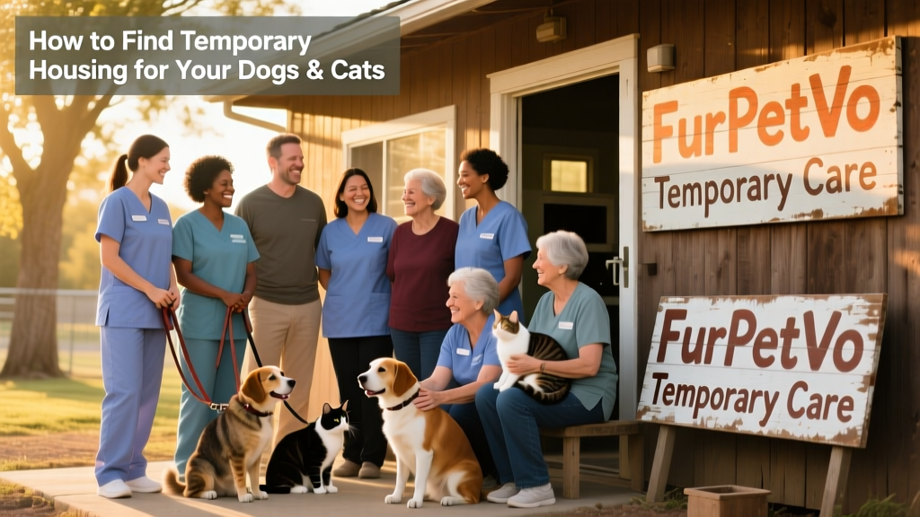 A diverse group of compassionate caregivers—some holding leashes, others gently petting cats—standing beside a welcoming shelter sign labeled 'FurPetVo Temporary Care'