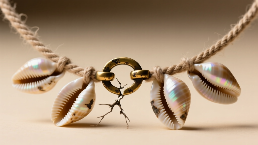 Frayed cotton cord snapping near a tarnished brass clasp on a cowrie shell necklace, highlighting common jewelry failure modes.