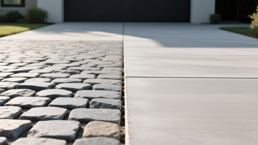 Split driveway showing gray granite cobblestones in mortar on the left and a broom-finished poured concrete slab on the right