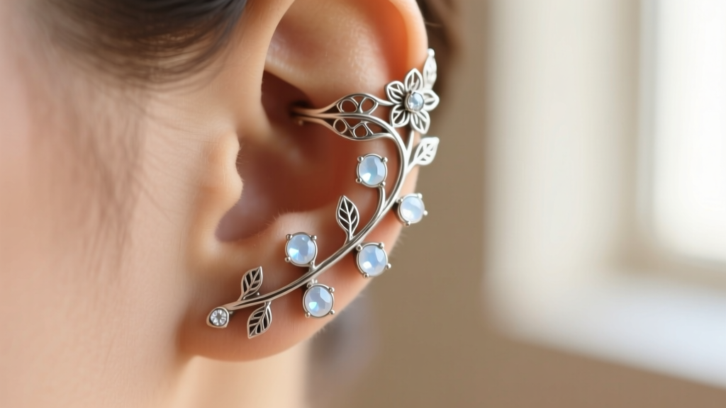 Macro shot of silver boho vine ear cuff wrapping around upper cartilage, featuring tiny bezel-set moonstone cabochons in soft focus