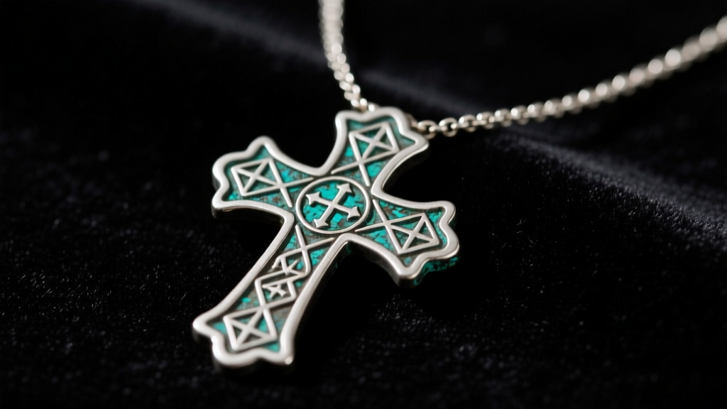 Oxidized silver vintage Jerusalem cross necklace on dark velvet, showing deep patina and intricate engraving details.