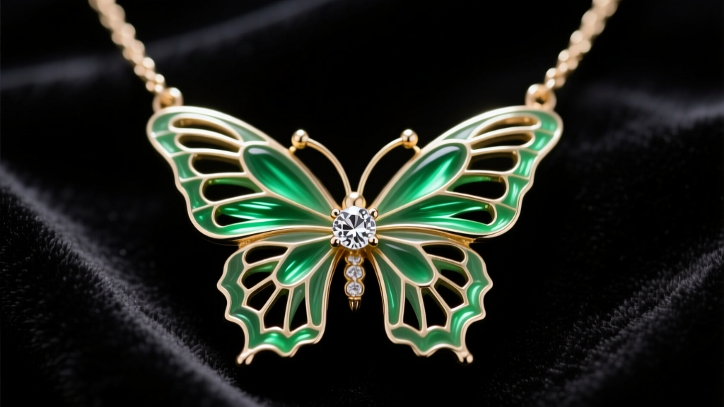 Close-up of a vintage butterfly necklace with translucent green plique-à-jour enamel wings and a rose-cut diamond on dark velvet