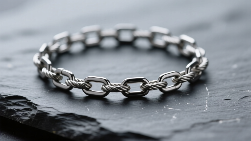 Macro shot of a 4mm titanium rope chain draped over dark slate, showcasing the matte grey finish and lightweight articulated links.