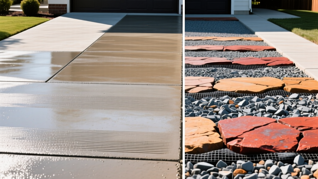 Split-screen comparison showing a freshly poured 4000 PSI concrete driveway with broom finish next to a compacted crushed angular gravel driveway with geotextile base