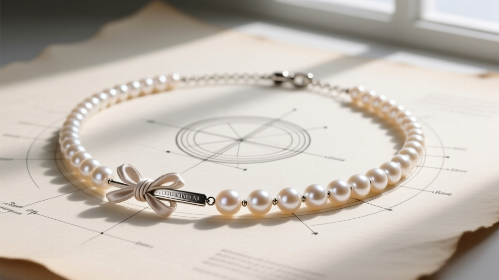 Technical drawing of a pearl necklace on paper, highlighting silk knots, clasp, and French wire guards with annotation lines.