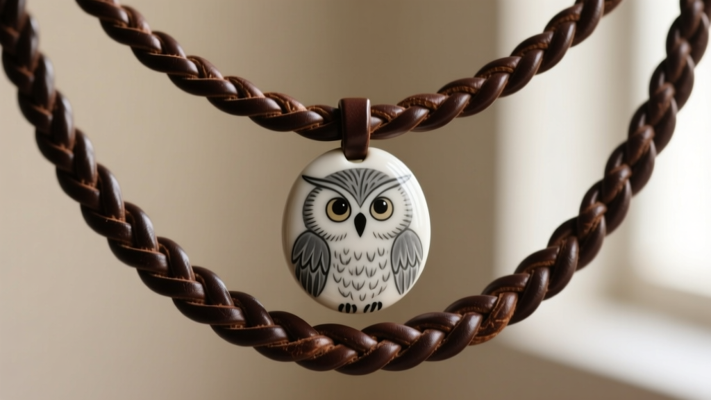 Close-up of a dark brown braided leather cord necklace featuring a hand-painted ceramic bead with an intricate grey owl design.
