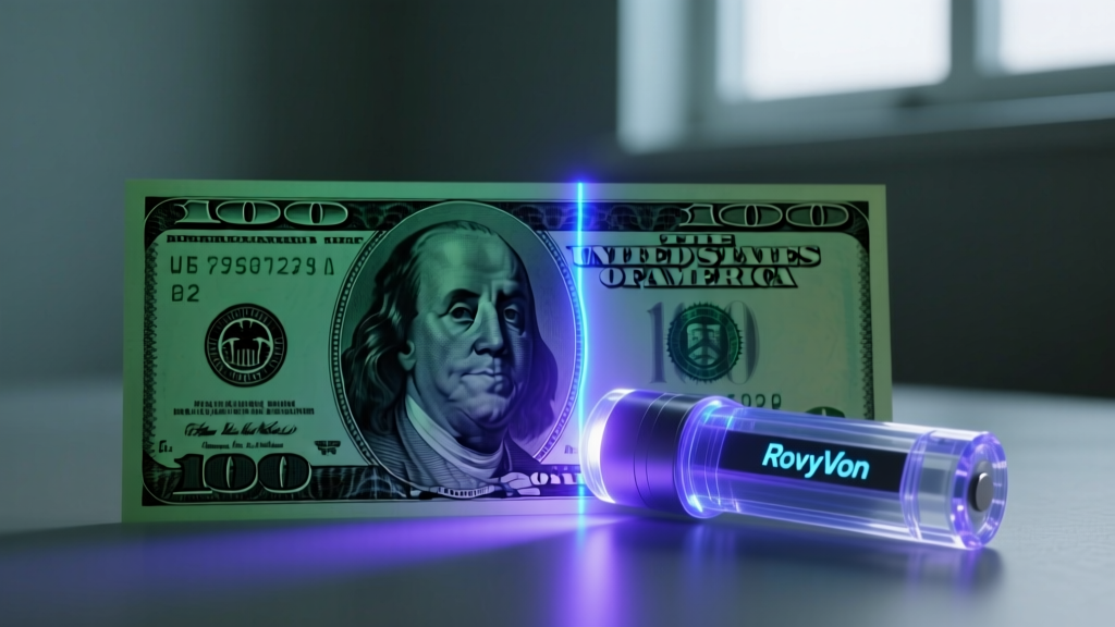 Close-up of transparent RovyVon UV flashlight illuminating fluorescent security thread on a hundred dollar bill in a dimly lit room