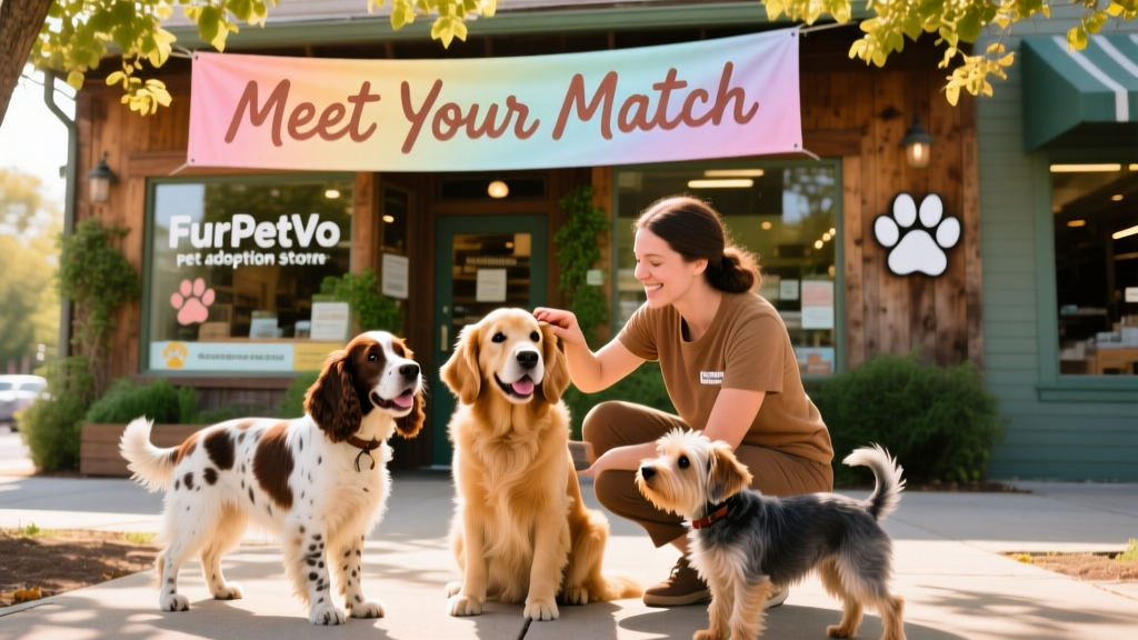 FurPetVo store exterior with a 'Meet Your Match' adoption event banner and volunteers interacting with adoptable dogs