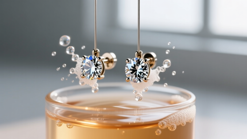 Ultrasonic cleaner vibrating diamond stud earrings in warm saline, showing tiny cavitation bubbles forming around the metal posts.