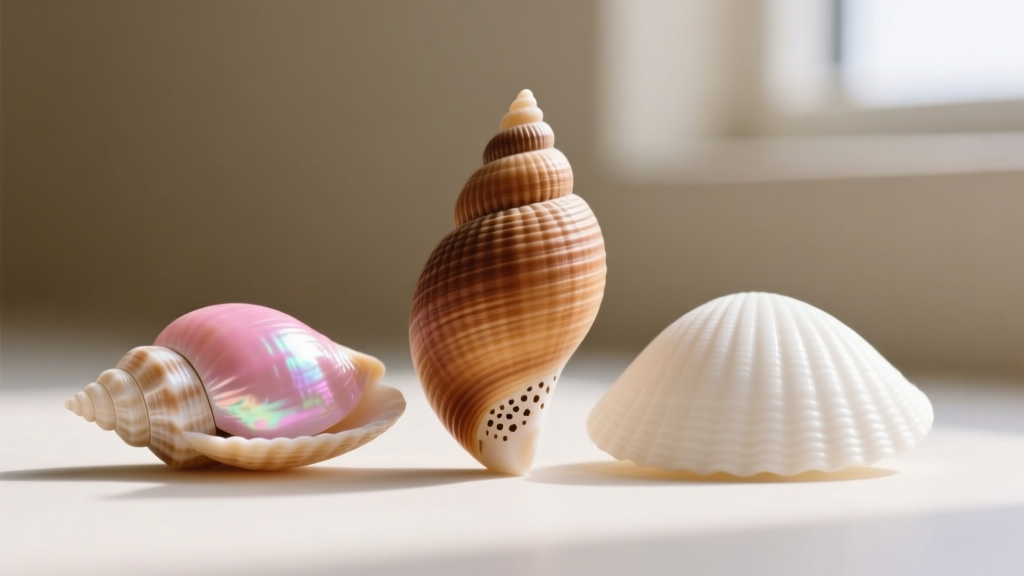 Macro shot of three Niihau shells side-by-side: a tiny pink kahelelani, an oval brown momi, and a white rice-shaped laiki.