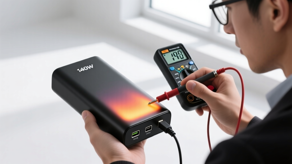 An expert testing a wholesale 140W USB-C PD power bank with a digital multimeter and a thermal camera to check heat dissipation.