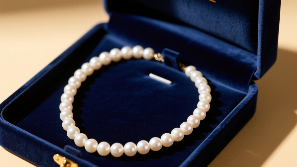 Open velvet box showing a luminous white freshwater grain of rice pearl necklace, shot top-down with soft warm studio lighting