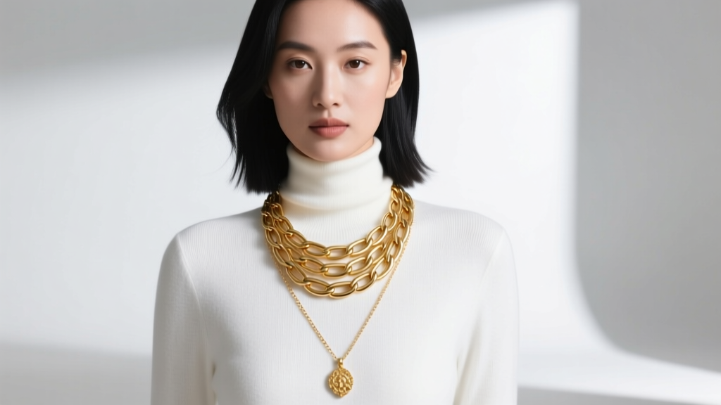 Woman wearing a layered gold macaroni tube necklace over a white turtleneck, showing a 16-inch chain and a small gold pendant.