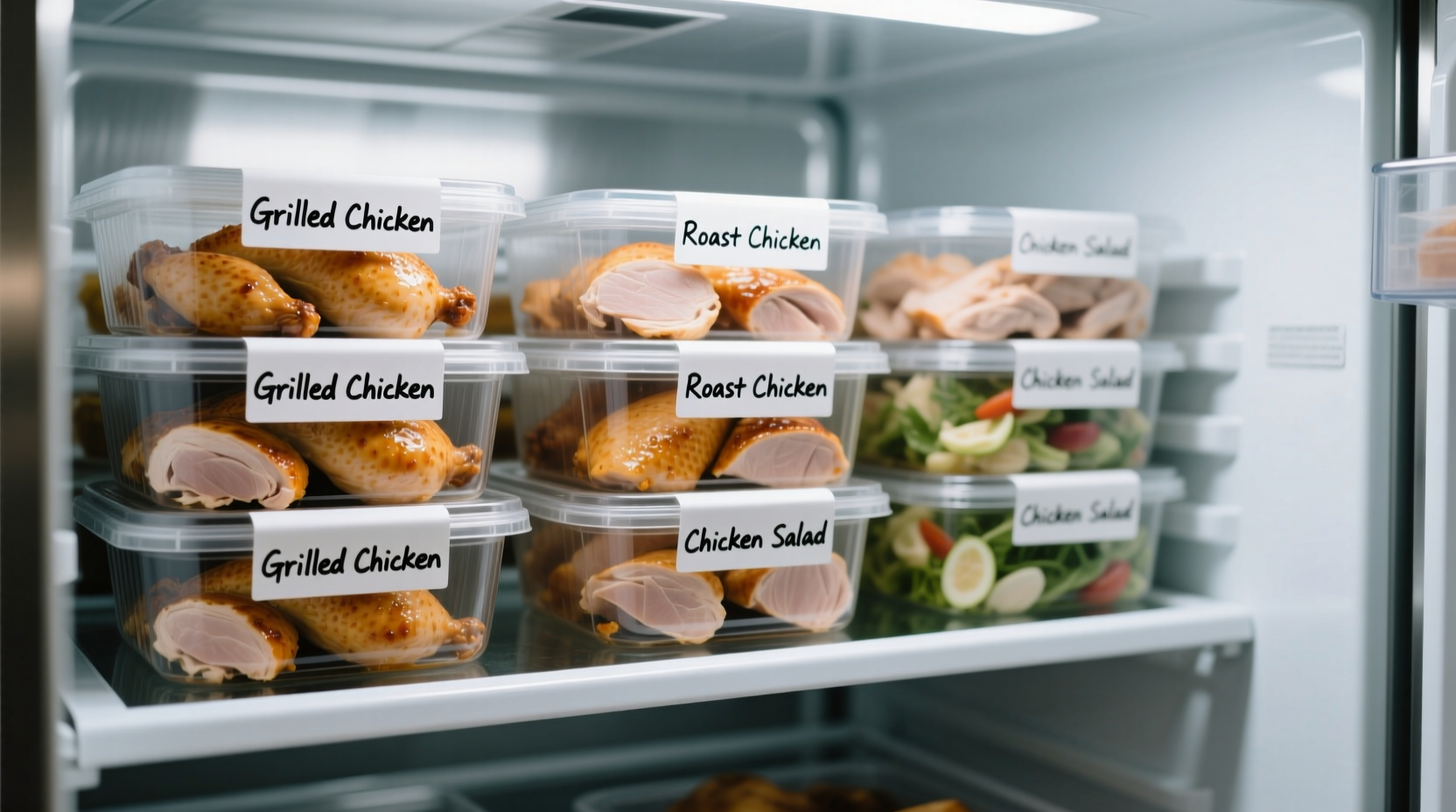 Properly stored cooked chicken in labeled containers