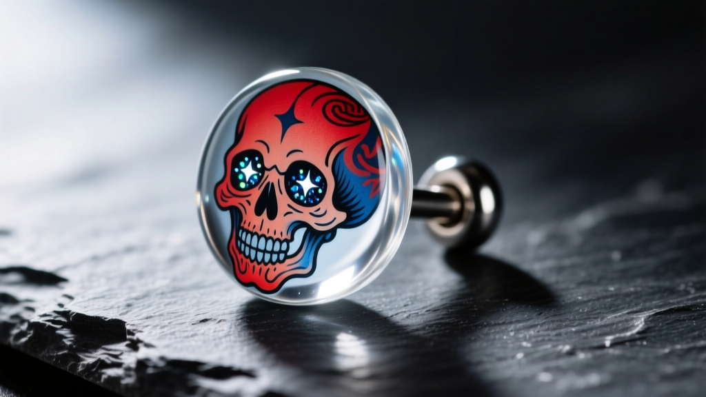 Macro shot of a 00g double-flared glass ear plug with a hand-painted neo-traditional skull tattoo motif, resting on dark slate