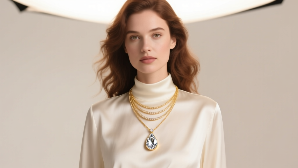 Model wearing a layered 18k gold raindrop necklace with a pear-cut moissanite pendant on a silk blouse under soft studio light