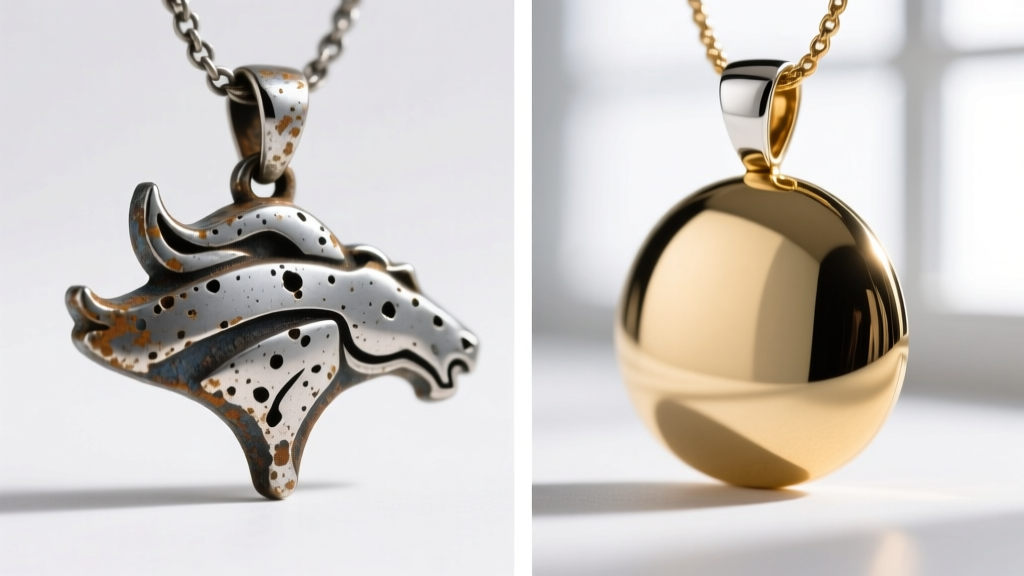 Macro shot comparing a pitted zinc alloy Broncos pendant with a pristine rhodium-plated brass version, showing surface textures
