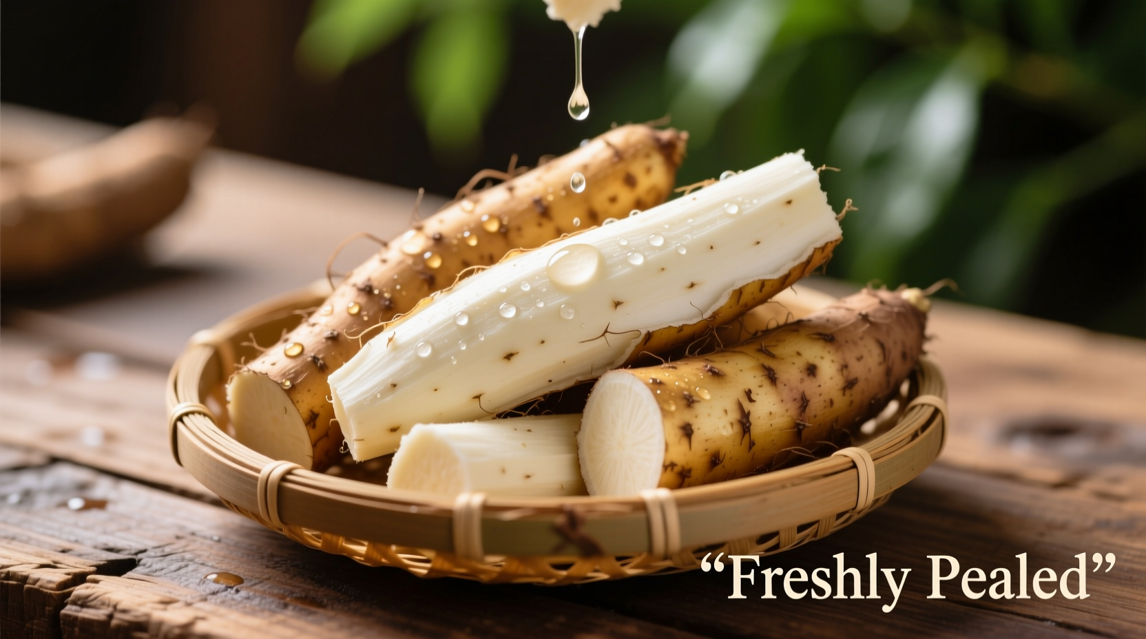 Freshly peeled yam pieces ready for cooking
