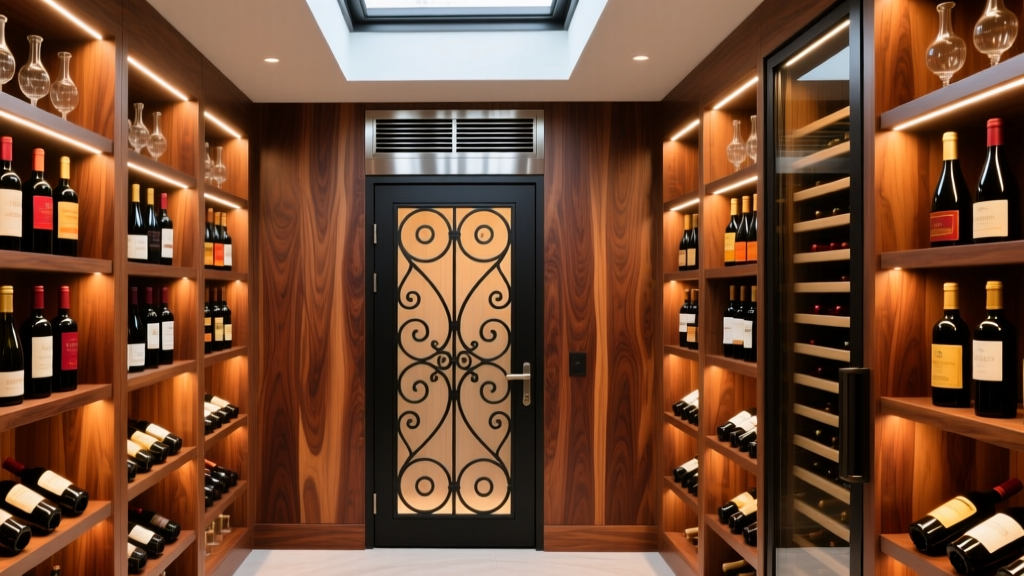 Custom mahogany wine cellar with wrought iron door, LED backlit racking, and a split cooling unit vent in the ceiling