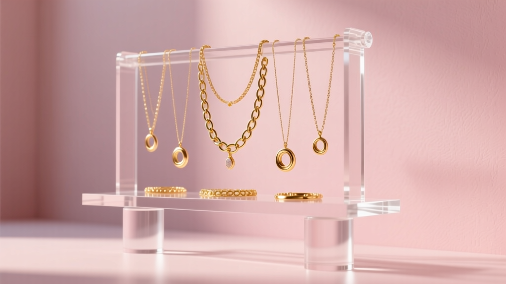 Clear acrylic jewelry organizer with cylindrical pedestal feet displaying gold necklaces against a soft minimalist blush pink wall.