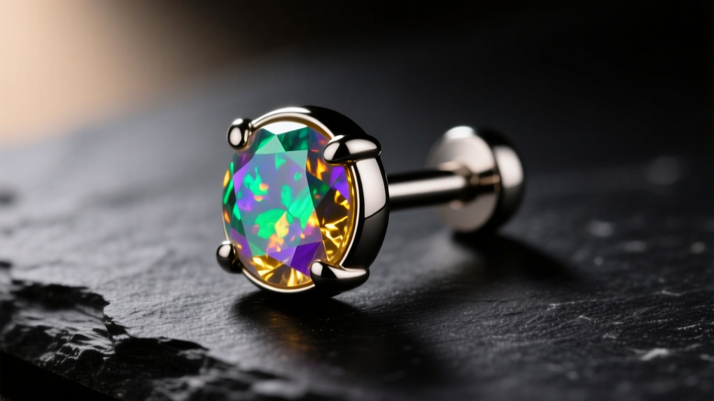 Macro shot of polished implant-grade titanium labret stud with opal on dark slate, lit by soft warm directional lighting.