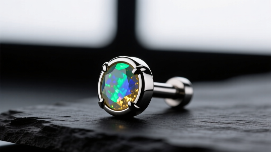 Macro shot of an ASTM F136 titanium labret stud with a bezel-set opal on dark slate, soft lighting highlighting the mirror finish