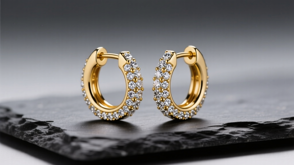14k yellow gold huggie hoop earrings with micro-pave diamond setting resting on dark slate under soft directional studio lighting.
