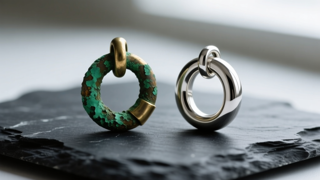Macro view of a brass bail showing green corrosion next to a pristine platinum bail resting on a dark textured slate surface.
