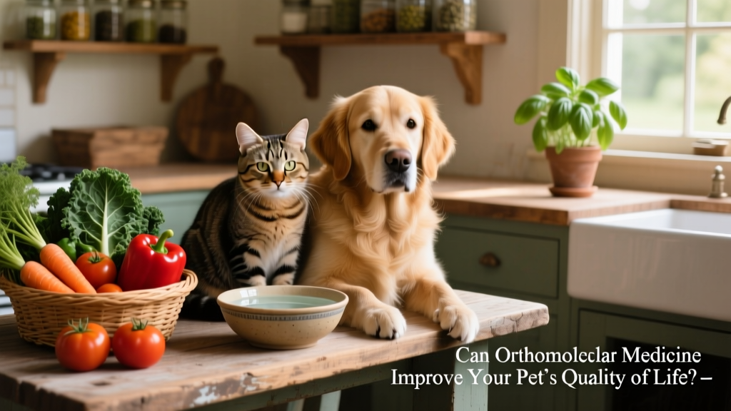 A calm cat and a relaxed dog sitting side by side near fresh vegetables and a bowl of clean water