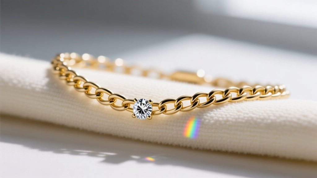 Close-up of a delicate 20-gauge 14k yellow gold cable chain on a microfiber cloth, with a small diamond pendant catching light