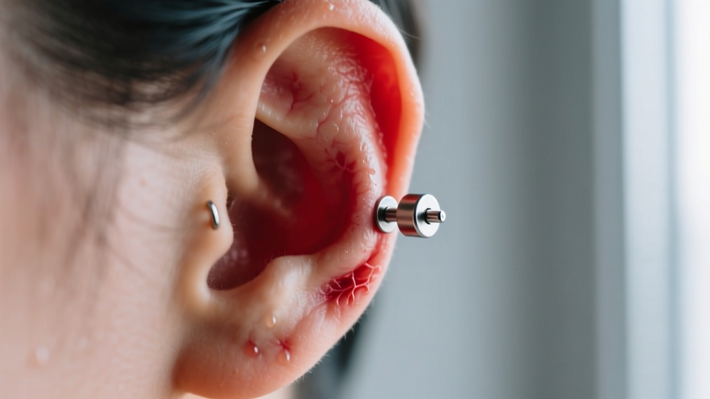 Close-up of an inflamed earlobe piercing with a titanium labret stud, soft lighting, showing realistic skin texture and redness.