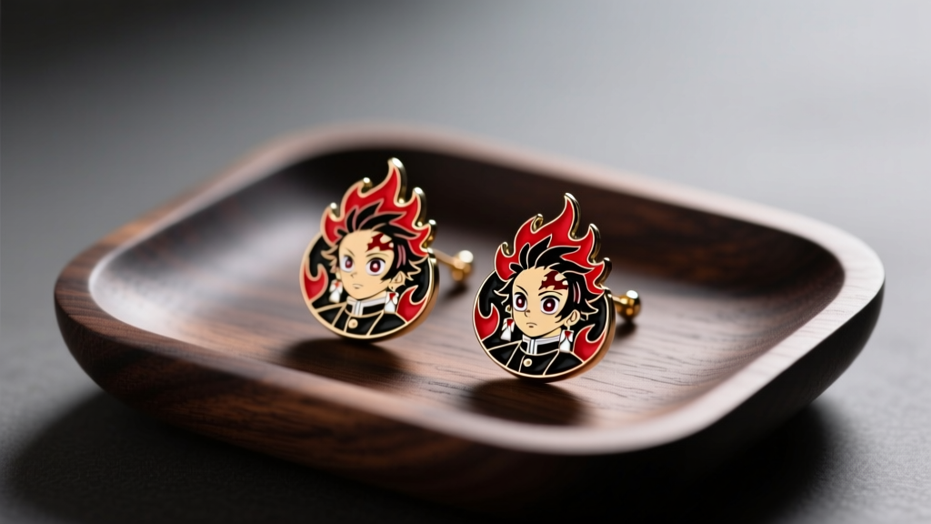 Close-up of enameled Hanafuda earrings inspired by Tanjiro Kamado, resting on a dark wooden display tray with soft, moody lighting