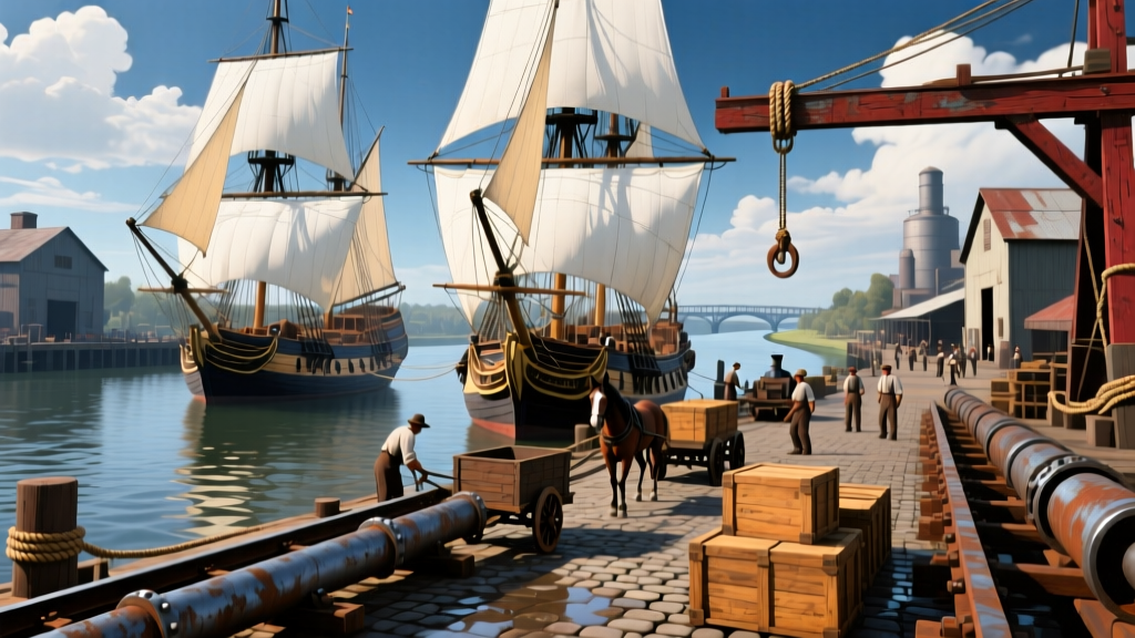 Vintage illustration of 19th-century sailing ships unloading heavy iron rails and wooden locomotive crates at a busy Sacramento river dock