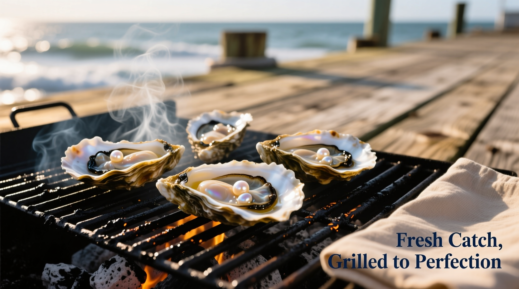 Fresh oysters sizzling on a charcoal grill