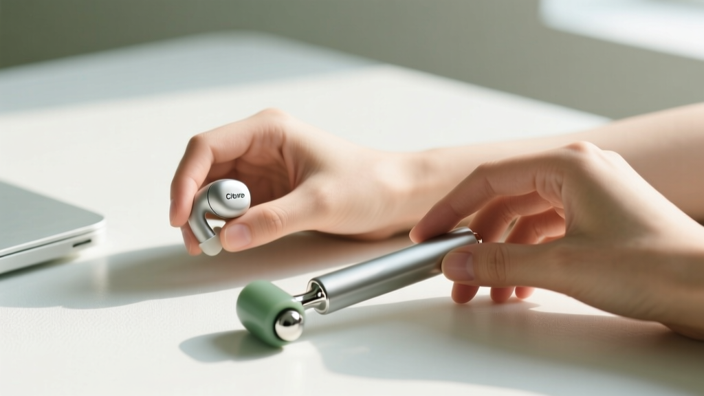 Close-up of hands holding a Flare Calmer earbud and an aluminum ONO Roller on a minimalist workspace to reduce sensory overload.