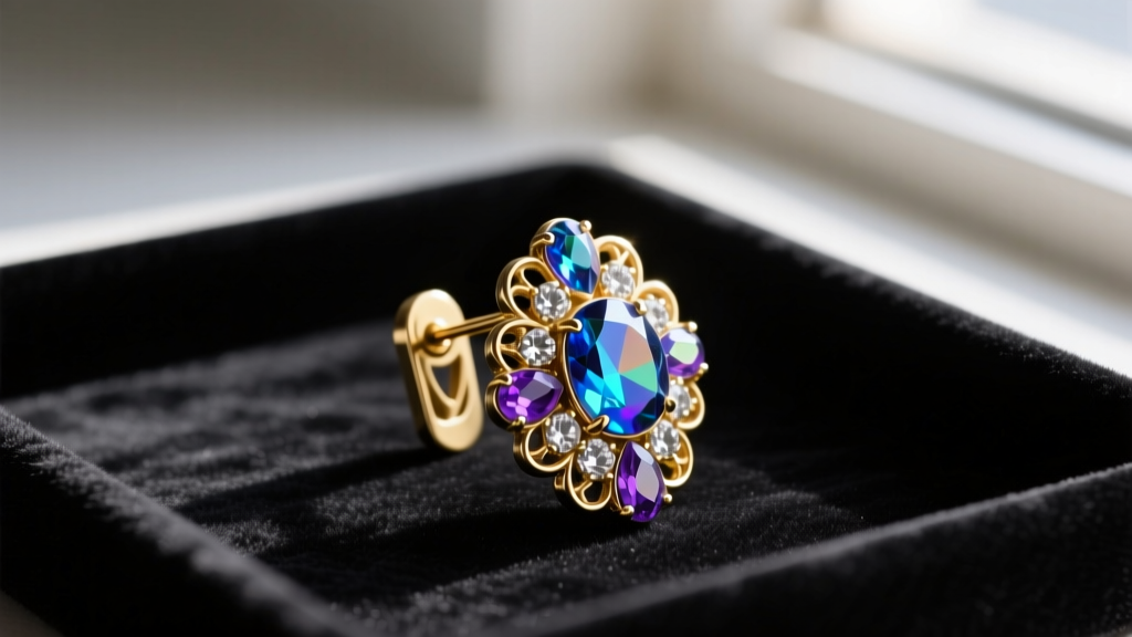 Macro shot of vintage 1950s gold-plated Emmons clip-on earring with aurora borealis rhinestones on dark velvet jeweler tray