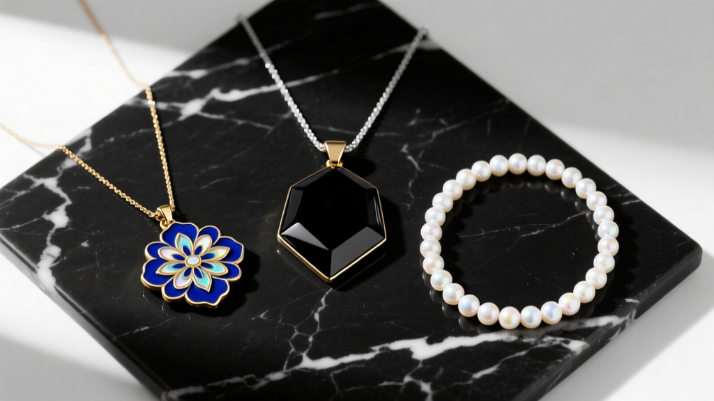 Overhead flat lay of black and white necklaces on dark marble, featuring an enamel piece, an onyx pendant, and a pearl strand