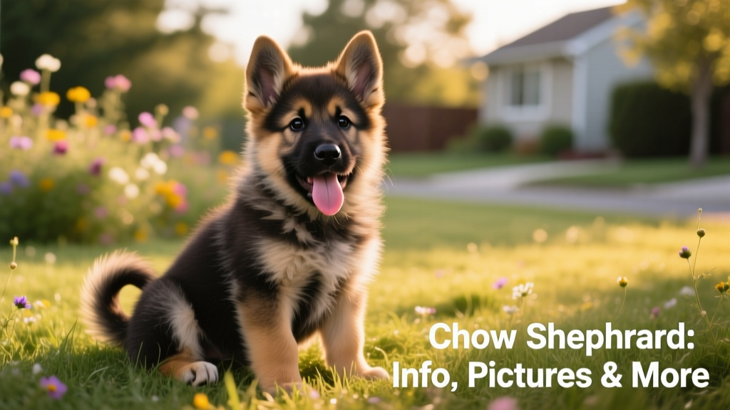 A playful Chow Shepherd puppy sitting on grass, tongue out, with expressive eyes and fluffy fur