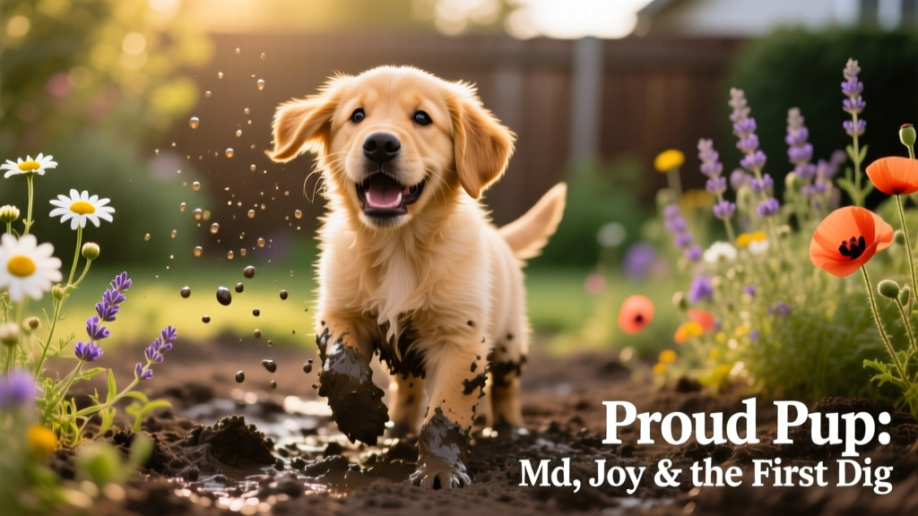 Puppy shaking off mud near a backyard garden with flowers and soft soil