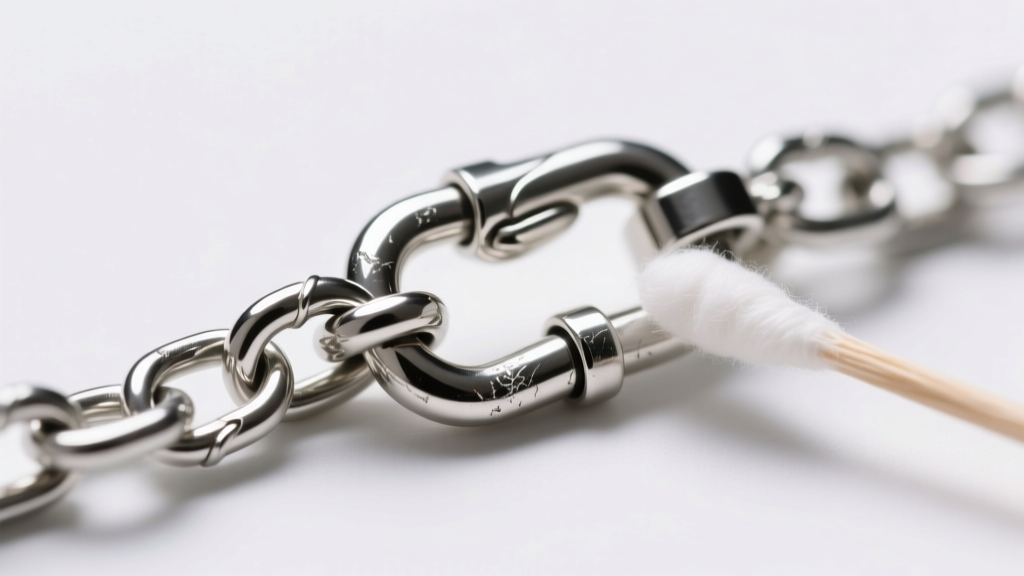 Macro shot of a 1.5mm silver cable chain and lobster clasp being cleaned with a soft cotton swab, bright studio lighting background