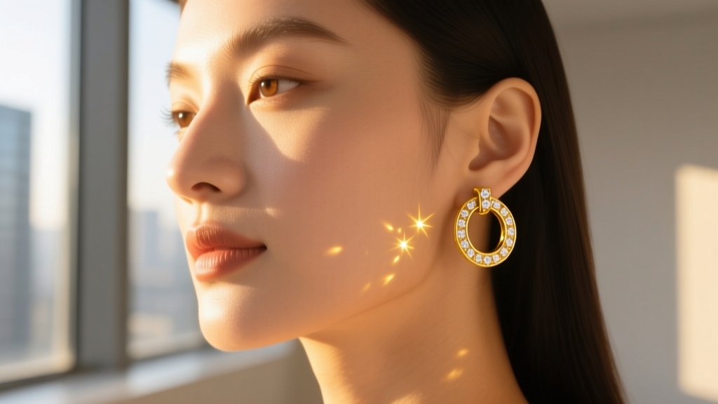 Close-up of a woman wearing delicate 18k yellow gold huggie earrings with tiny pavé diamonds in warm golden hour lighting