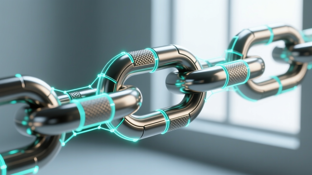 Close-up of UV unwrapped digital chain links, showing optimized texture islands and metallic PBR node connections in Blender