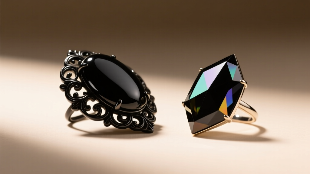 Side view of a carved Whitby jet mourning brooch and a faceted French jet glass brooch under bright directional studio lighting