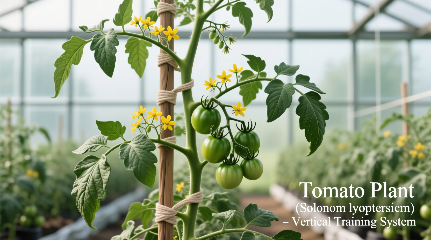 Tomato plant trained on a vertical support system