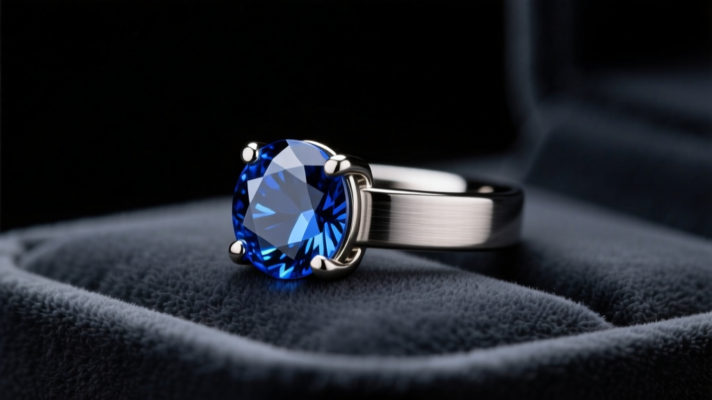 Macro shot of an 18-gauge titanium flat-back labret with a bezel sapphire, resting on a dark velvet tray in soft studio light.